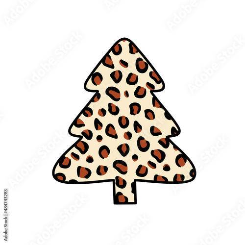 Christmas trees with leopard print. Collection of Christmas tree with leopard pattern, leopard skin. Colorful illustration of New Year design for banner, postcard, greeting card. Vector illustration.