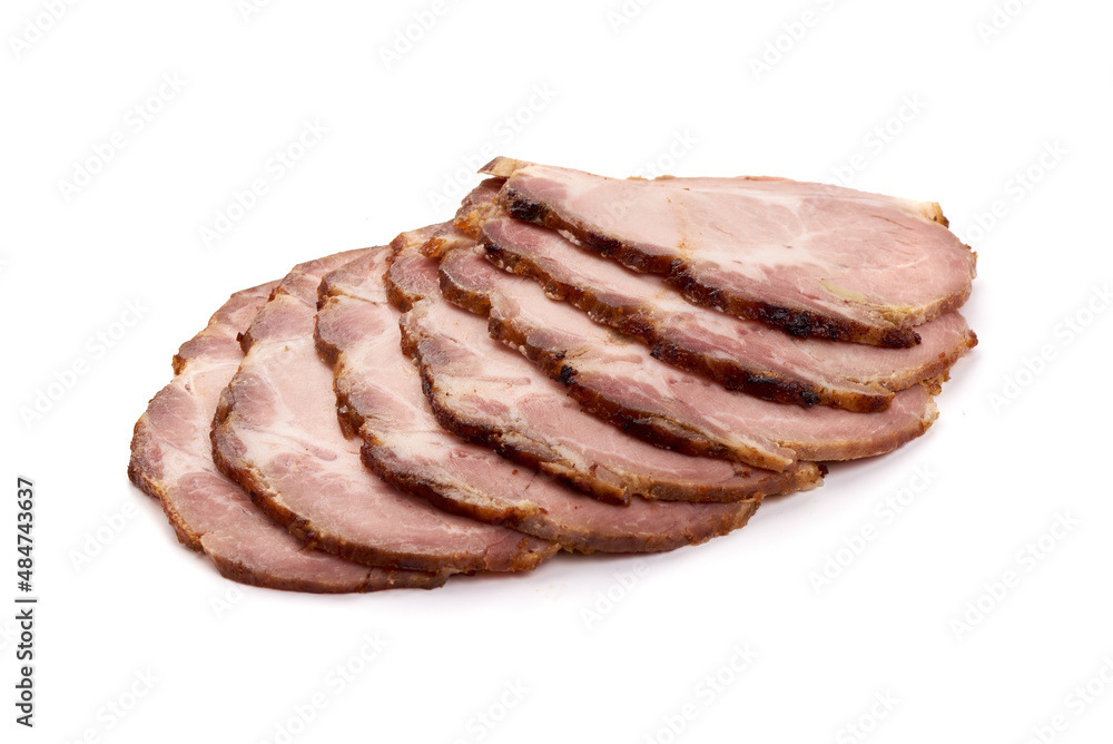 Boiled pork slices, isolated on white background. High resolution image. Boiled pork slices, isolated on white background. High resolution image.