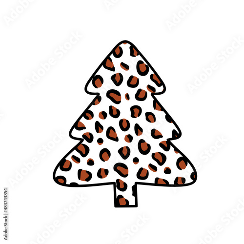 Christmas trees with leopard print. Collection of Christmas tree with leopard pattern, leopard skin. Colorful illustration of New Year design for banner, postcard, greeting card. Vector illustration.