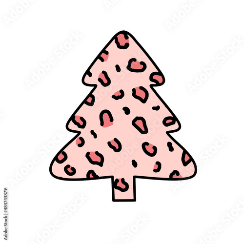 Christmas trees with leopard print. Collection of Christmas tree with leopard pattern, leopard skin. Colorful illustration of New Year design for banner, postcard, greeting card. Vector illustration.