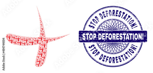 Recursion combination erase and Stop Deforestation! round corroded stamp seal. Blue stamp seal includes Stop Deforestation! tag inside circle and guilloche technique.