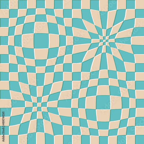 Optical illusion, altered reality, checkered psychedelic retro seamless pattern. 60s, 70s repeat for fabric, textile etc