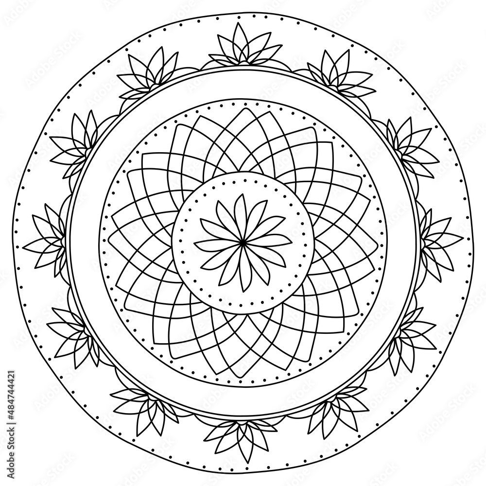 Mandala with outline floral elements, meditative coloring page