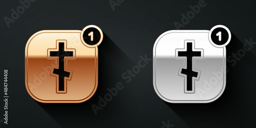 Gold and silver Online church pastor preaching video streaming icon isolated on black background. Online church of Jesus Christ. Long shadow style. Vector