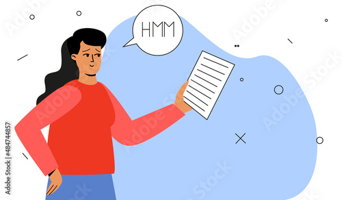 The woman looks thoughtfully at the documents. A woman with documents in her hands, an office worker. Vector illustration