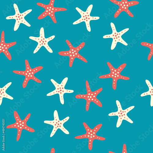 Seamless pattern with a marine theme on a blue background.