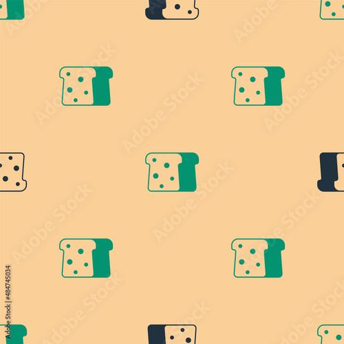 Green and black Bread toast for sandwich piece of roasted crouton icon isolated seamless pattern on beige background. Lunch, dinner, breakfast snack. Vector