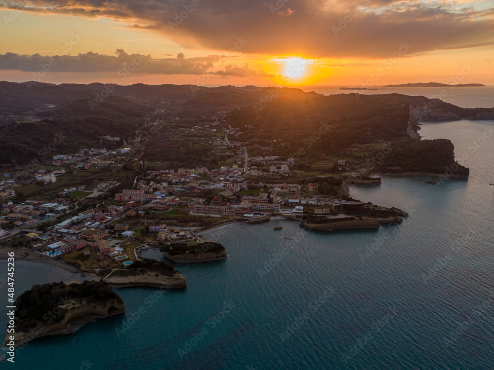 Sunset at Canal d'Amour in Corfu. Greece aerial view