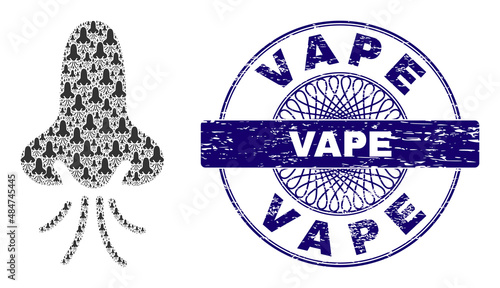 Recursive combination nose snuff and Vape round rubber stamp seal. Blue stamp seal includes Vape tag inside circle and guilloche structure.