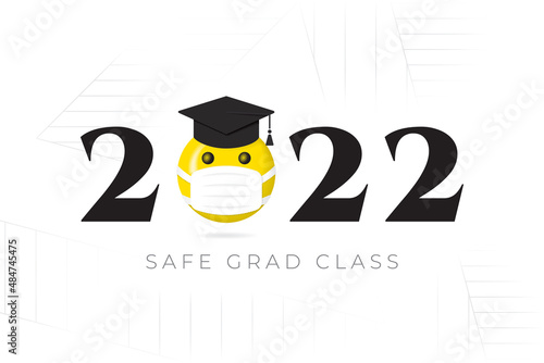 Class of 2022 Numerals Logo and Safe Graduation Lettering with Halftone Style Smiling Face Protected with Medical Mask - Yellow and Black on White Background - Mixed Graphic Design