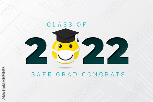 Class of 2022 Numerals Logo with Smiling Face Protected with Medical Mask and Safe Graduation Congratulations Lettering - Yellow and Black on Grey Background - Mixed Graphic Design.