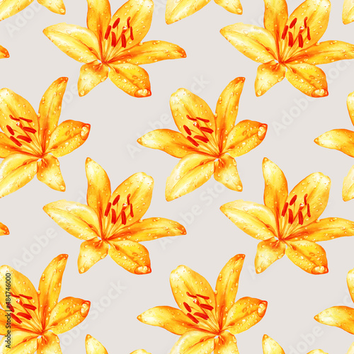 Watercolor seamless pattern, lily flowers in dewdrops.