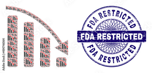 Recursive collage negative trend and FDA Restricted round rubber stamp seal. Blue stamp seal includes FDA Restricted tag inside circle and guilloche pattern.