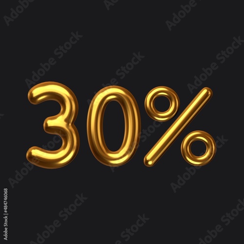 30% gold fifty percent on a black background. golden text, 3D rendering illustration