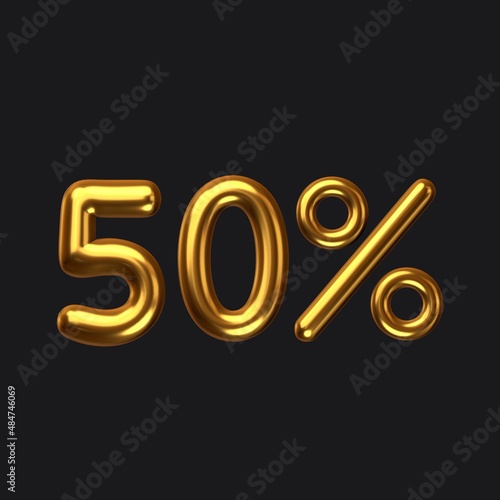 50% gold fifty percent on a black background. golden text, 3D rendering illustration