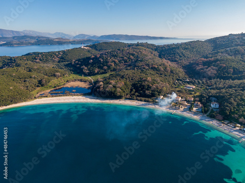 Aerial drone view of famous avlaki beach with with crystal clear water in corfu island greece
 photo