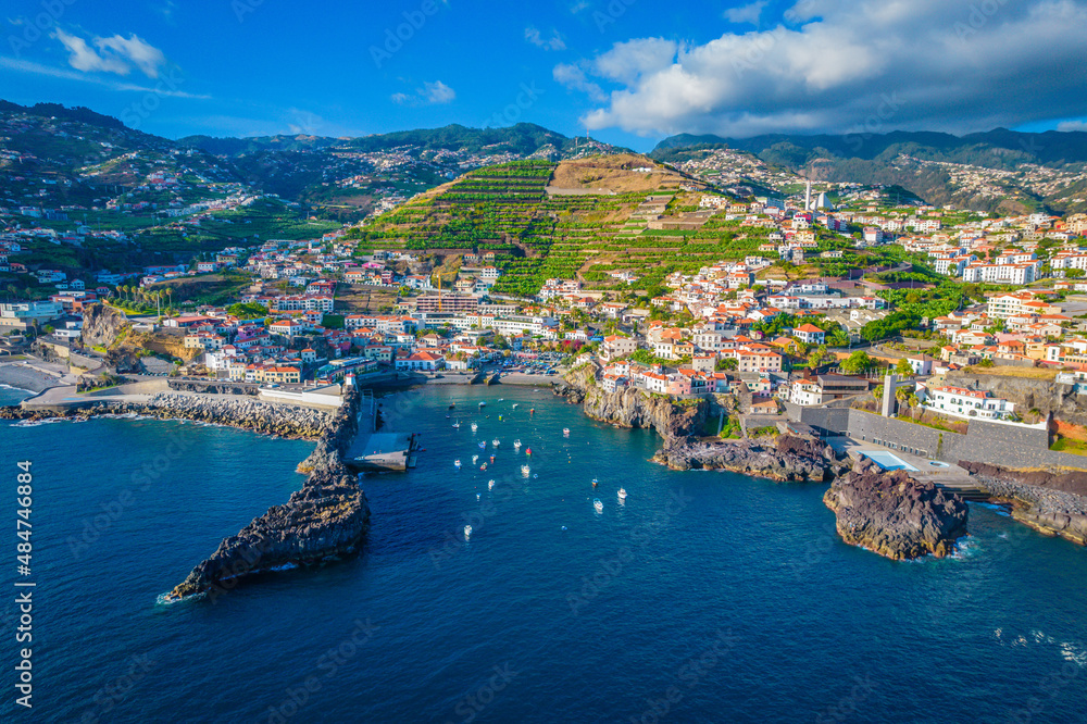 Aerial drone view of Camara de Lobos village panorama near to Funchal, Madeira