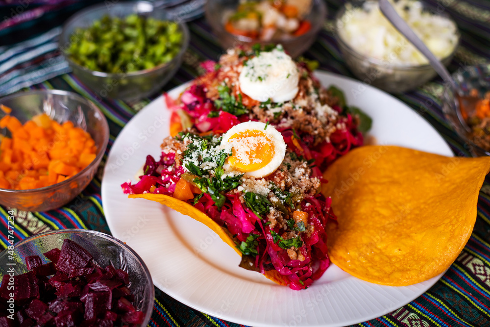 Enchilada Guatemalteca displayed with its ingredients Stock Photo