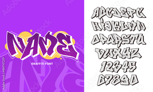 Vector graffiti font. Graffiti style alphabet letters and numbers with outline and shadow. Hip hop culture element. Easy to recolor. Ideal for emblem design, posters, header.