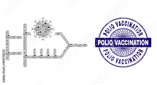 Recursive collage virus inoculation and Polio Vaccination round dirty stamp imitation. Violet stamp includes Polio Vaccination tag inside circle and guilloche structure.