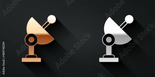 Gold and silver Radar icon isolated on black background. Search system. Satellite sign. Long shadow style. Vector