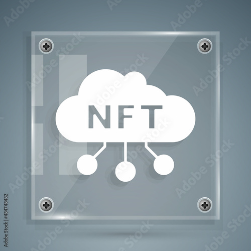 White NFT cloud icon isolated on grey background. Non fungible token. Digital crypto art concept. Square glass panels. Vector