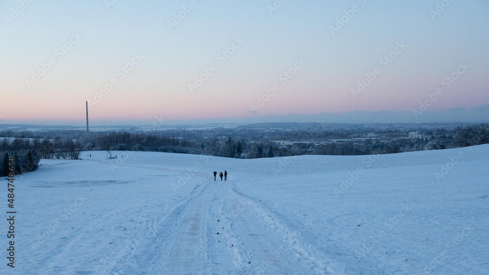 Winter above ice cold city of Chemnitz, Germany. Frozen hoar frost trees and forests covered in snow. Violett sky over industrial town in Saxony. Panoramic view from Einsiedel, Erfenschlag.