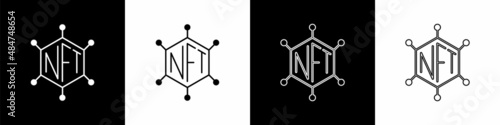 Set NFT blockchain technology icon isolated on black and white background. Non fungible token. Digital crypto art concept. Vector