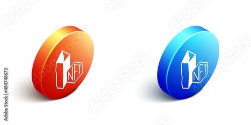 Isometric NFT Digital crypto art icon isolated on white background. Non fungible token. Orange and blue circle button. Vector