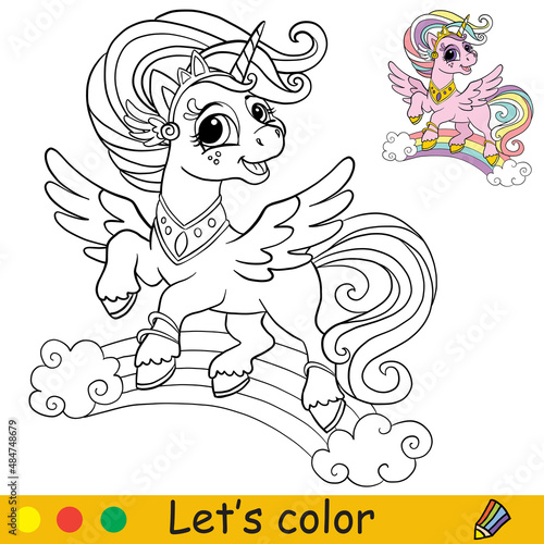Coloring with template cute flying unicorn vector illustration