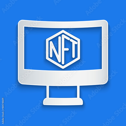 Paper cut Monitor with art store app icon isolated on blue background. Technology of selling NFT tokens for cryptocurrency. Non fungible token concept. Paper art style. Vector
