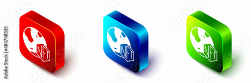 Isometric NFT Digital crypto art icon isolated on white background. Non fungible token. Red, blue and green square button. Vector
