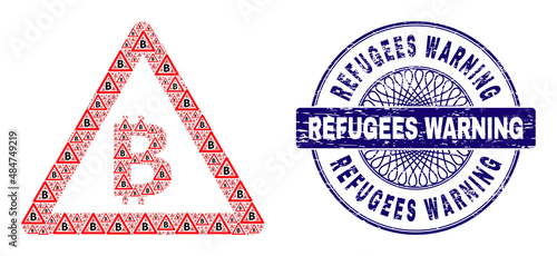 Recursion mosaic bitcoin warning and Refugees Warning round scratched stamp. Blue stamp includes Refugees Warning title inside circle and guilloche pattern.