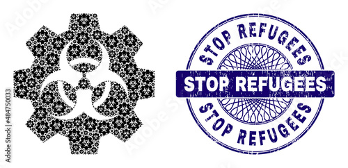 Recursive collage biohazard industry and Stop Refugees round rubber watermark. Blue stamp seal includes Stop Refugees caption inside circle and guilloche structure.