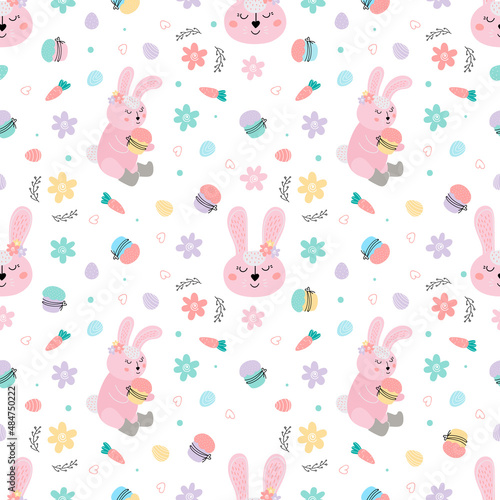 Easter seamless pattern with rabbits, cakes, eggs, willow. Cute Easter bunnies pattern.