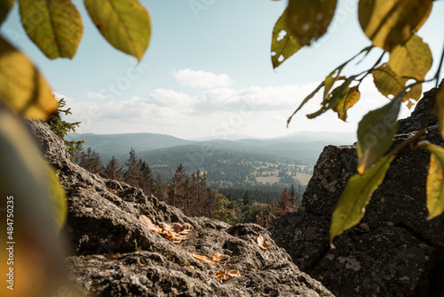 View to the valley from Stozecka Rock, Sumava mountains, Czech republic photo