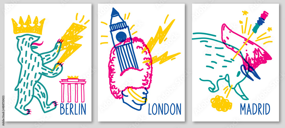 Εκτύπωση καμβά Doodle posters of various symbol cities