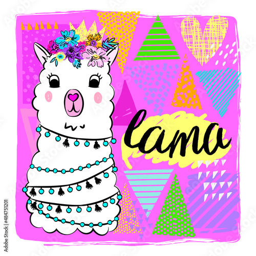 Abstract drawing for t-shirts with lama. Fashion illustration for girl. 