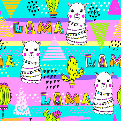Funny seamless pattern with lama on colorful background. 