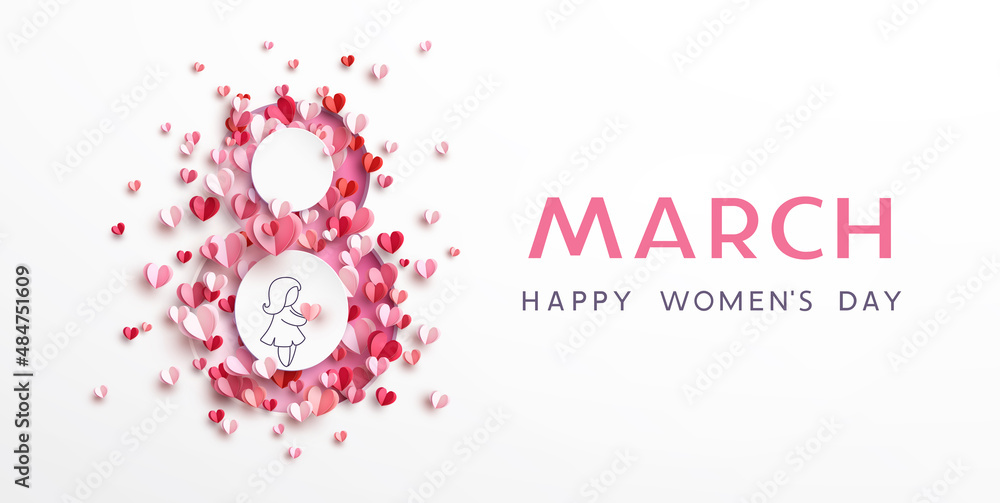 Obraz premium Women's Day greeting card or banner with pink cut eight number and flying paper hearts. Vector 8 March international holiday poster template