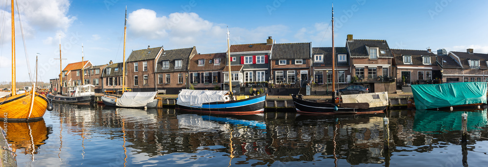 Panoramatic view of harbour in historical centrum of Spakenburg village, Province Utrecht, The Netherlands