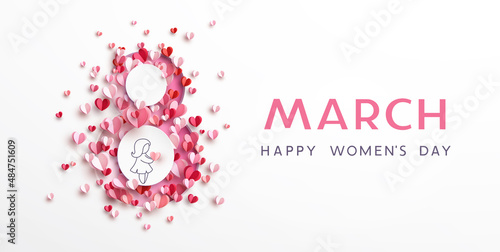 Women's Day greeting card or banner with pink cut eight number and flying paper hearts. Vector 8 March international holiday poster template