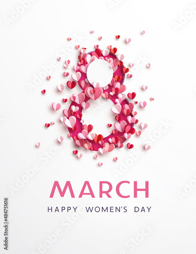 Women's Day greeting card or banner with pink cut eight number and flying paper hearts. Vector 8 March international holiday poster template