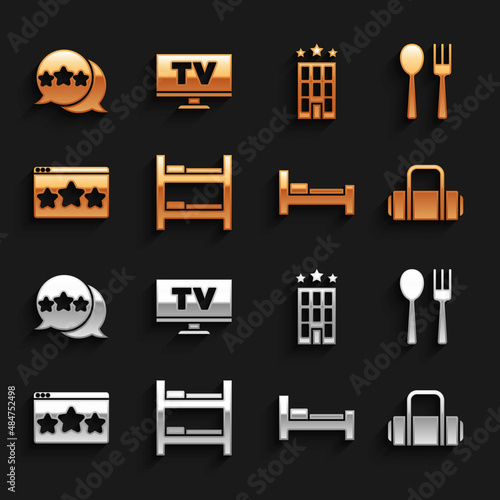 Set Hotel room bed, Fork and spoon, Suitcase, Five stars rating review, building, and Smart Tv icon. Vector