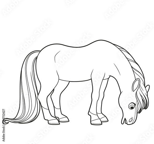 Cute cartoon big horse nibbling grass outlines isolated on white background