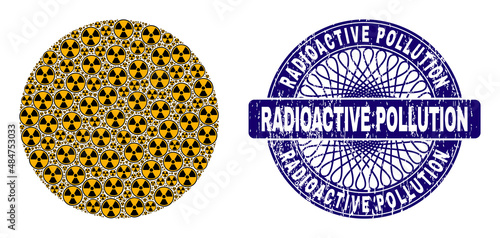 Recursive composition radioactive and Radioactive Pollution round rubber stamp print. Violet stamp includes Radioactive Pollution tag inside circle and guilloche ornament.