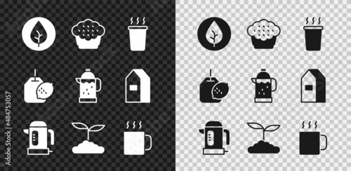 Set Tea leaf, Muffin, Cup of tea, Electric kettle, bag with lemon and French press icon. Vector