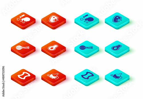 Set Leather, Bottle of olive oil, Onion, Avocado fruit, No meat and chicken leg icon. Vector