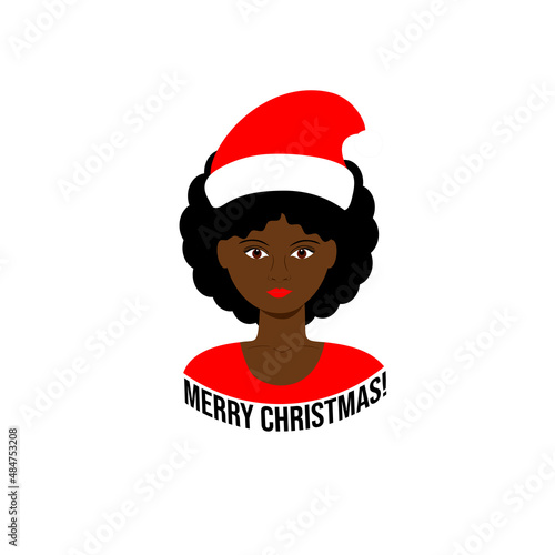 Black girl, African American woman with Christmas Santa hat. Vector illustration