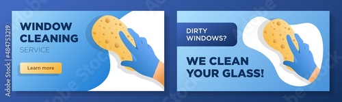 Window cleaning service online banner template set, glass washing corporate advertisement, horizontal ad, hand holding sponge campaign webpage, flyer, creative brochure, isolated on background